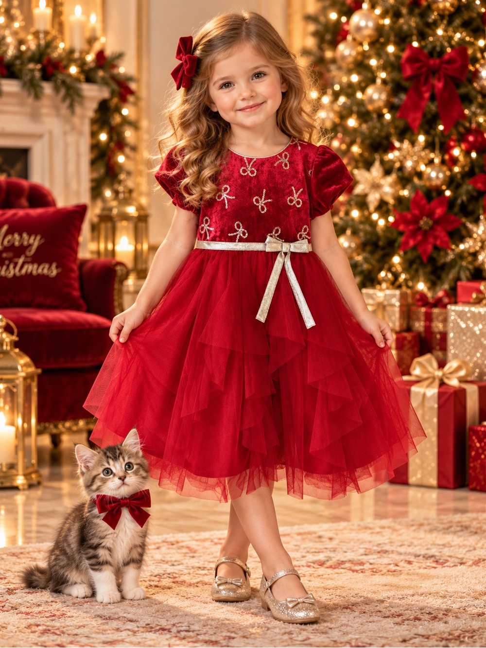 Jona Michelle Girls 4T Red Velvet Sequin Bow Tulle Holiday Dress NWT
